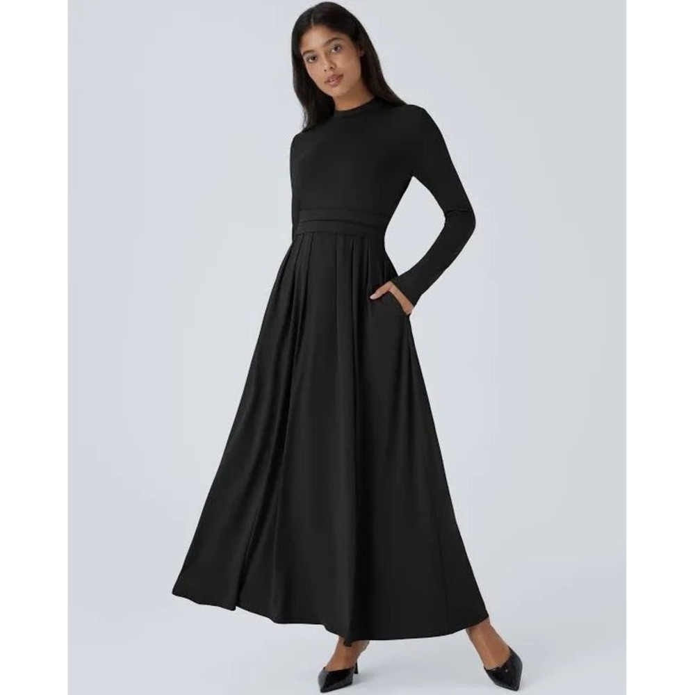 Halara Maxi Dress Black Mock Neck Long Sleeve Pockets Modest Wedding Guest XS